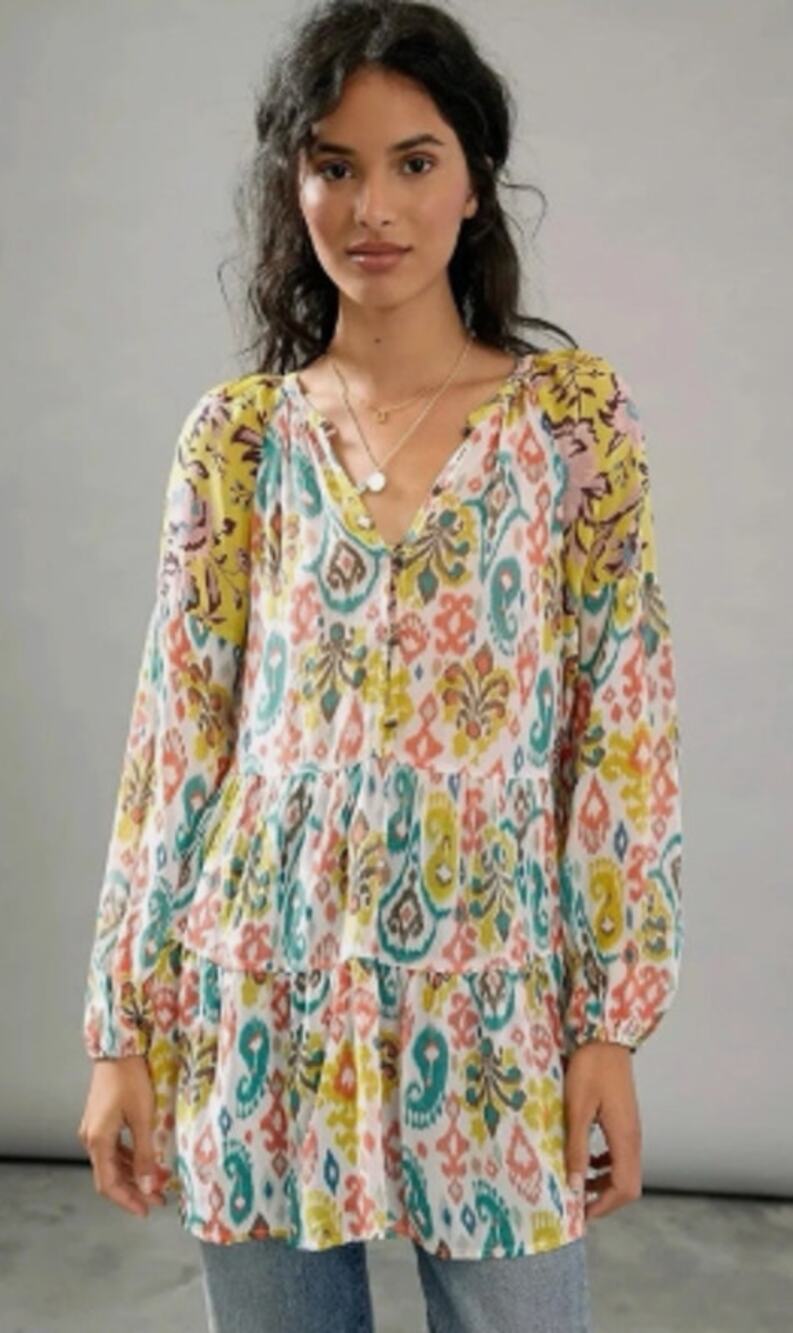 Anthropologie Maureen Boho Floral Tunic Top Womens Medium Peasant Blouse